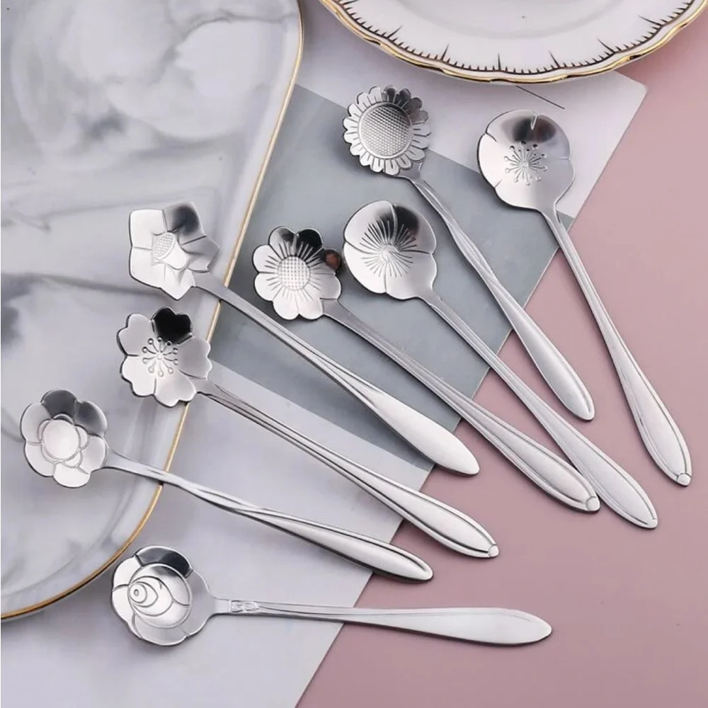 Set of 8 Silverware Flower Heart Stainless Steel Spoons, 8 Piece Flower Spoons